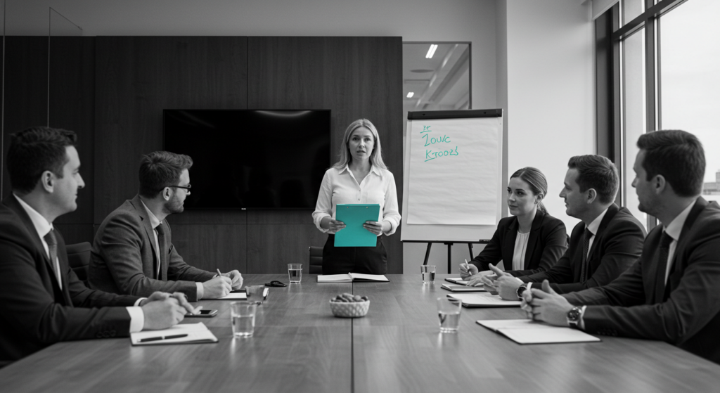a woman leads a meeting. authentic leadership