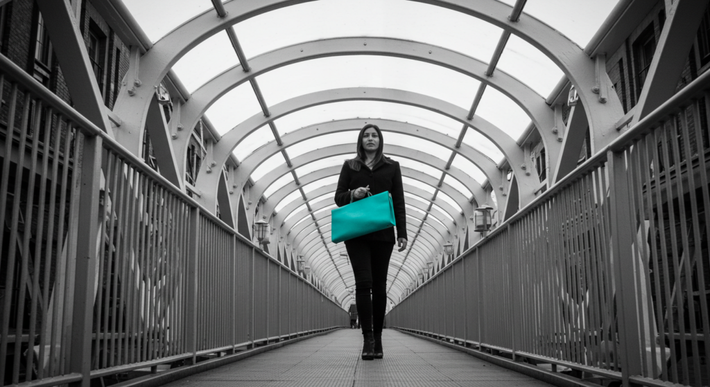 A woman walks to work confidently. overcome self doubt